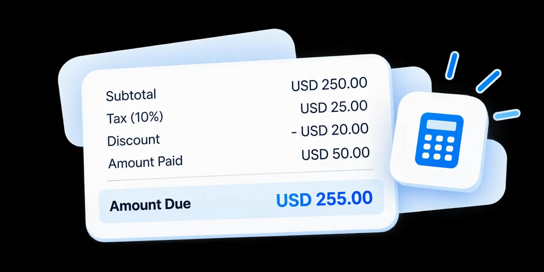 An invoice totals panel showing subtotal, tax, discount, amount paid and the amount due