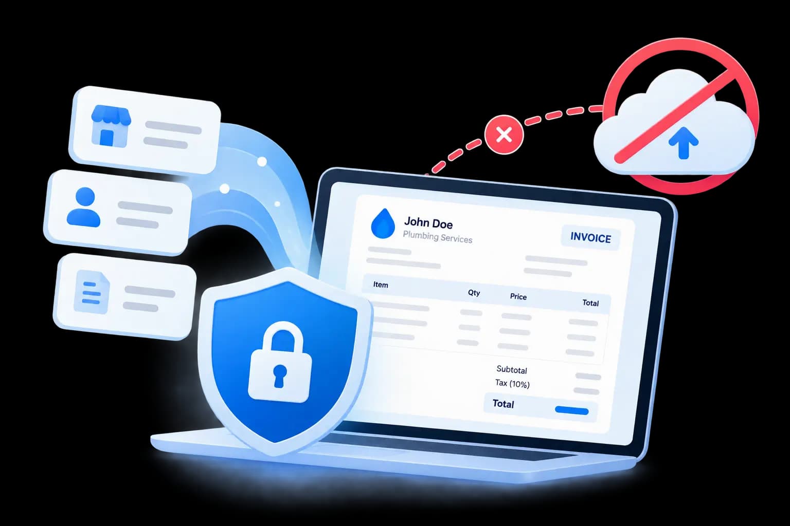 An invoice built on a laptop behind a padlock shield, with upload to the cloud blocked