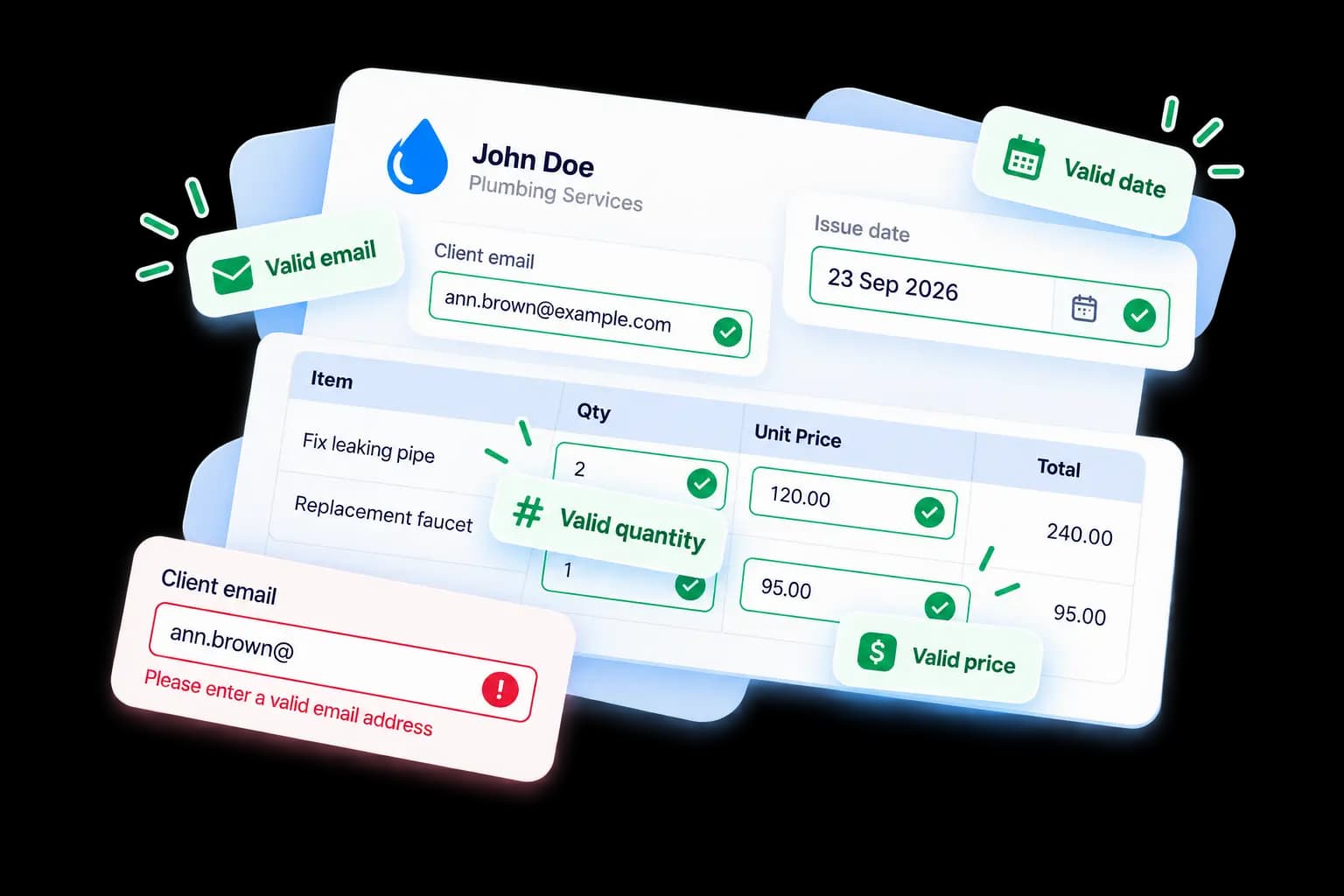 Invoice fields marked as valid email, date, quantity and price, beside an email field flagged as invalid