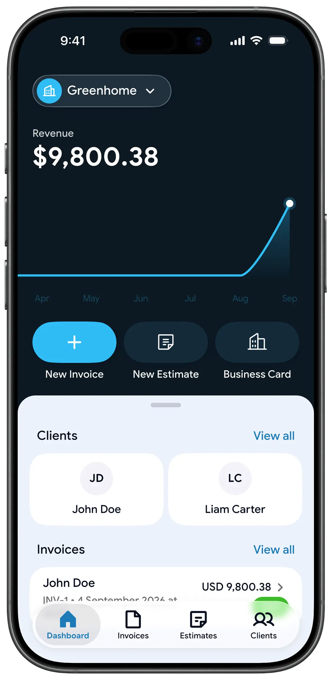 The Billby app dashboard on an iPhone, showing revenue, clients and recent invoices